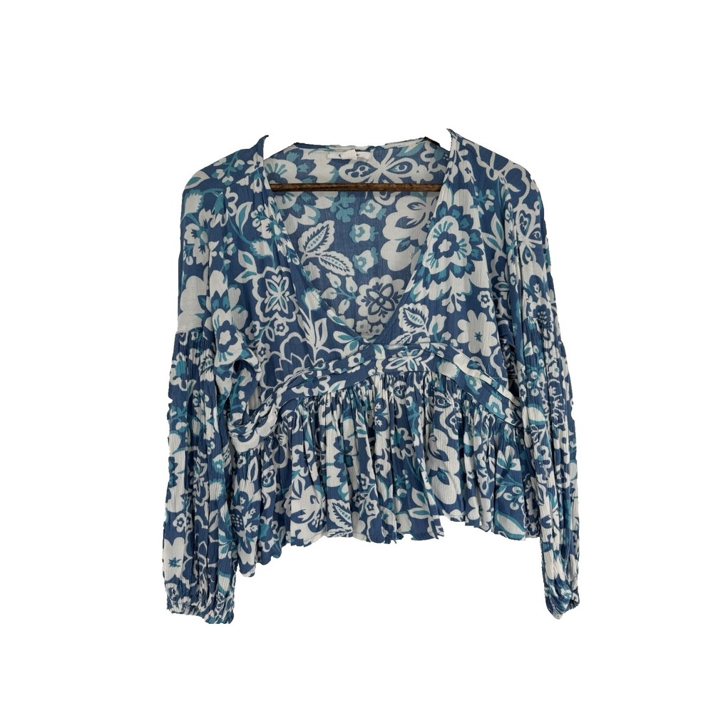 O'Neill Mary Christina Floral Cropped‎ Boho Beach Top Blue White M babydoll
